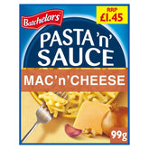Batchelors - Pasta n Sauce Mac n Cheese, 99g box with macaroni, onion, and creamy cheese sauce image on the front. £1.45 price label appears in the top right corner.